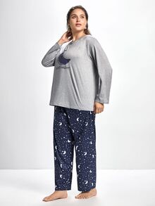 Slumbrini Plus Moon & Slogan Graphic PJ Set / Pajama Set, Fall Winter Clothes, Cozy Outfit - Light Grey - View 5