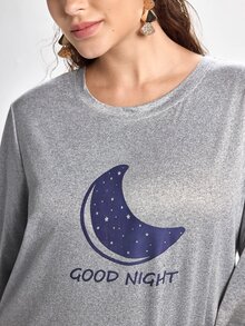 Slumbrini Plus Moon & Slogan Graphic PJ Set / Pajama Set, Fall Winter Clothes, Cozy Outfit - Light Grey - View 8