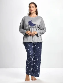 Slumbrini Plus Moon & Slogan Graphic PJ Set / Pajama Set, Fall Winter Clothes, Cozy Outfit - Light Grey - View 3