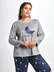Slumbrini Plus Moon & Slogan Graphic PJ Set / Pajama Set, Fall Winter Clothes, Cozy Outfit - Light Grey - View 7