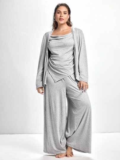 Slumbrini 3pcs Plus Size Soft Camisole Top, Loose Pants & Robe Sleepwear Set Fall Winter Clothes