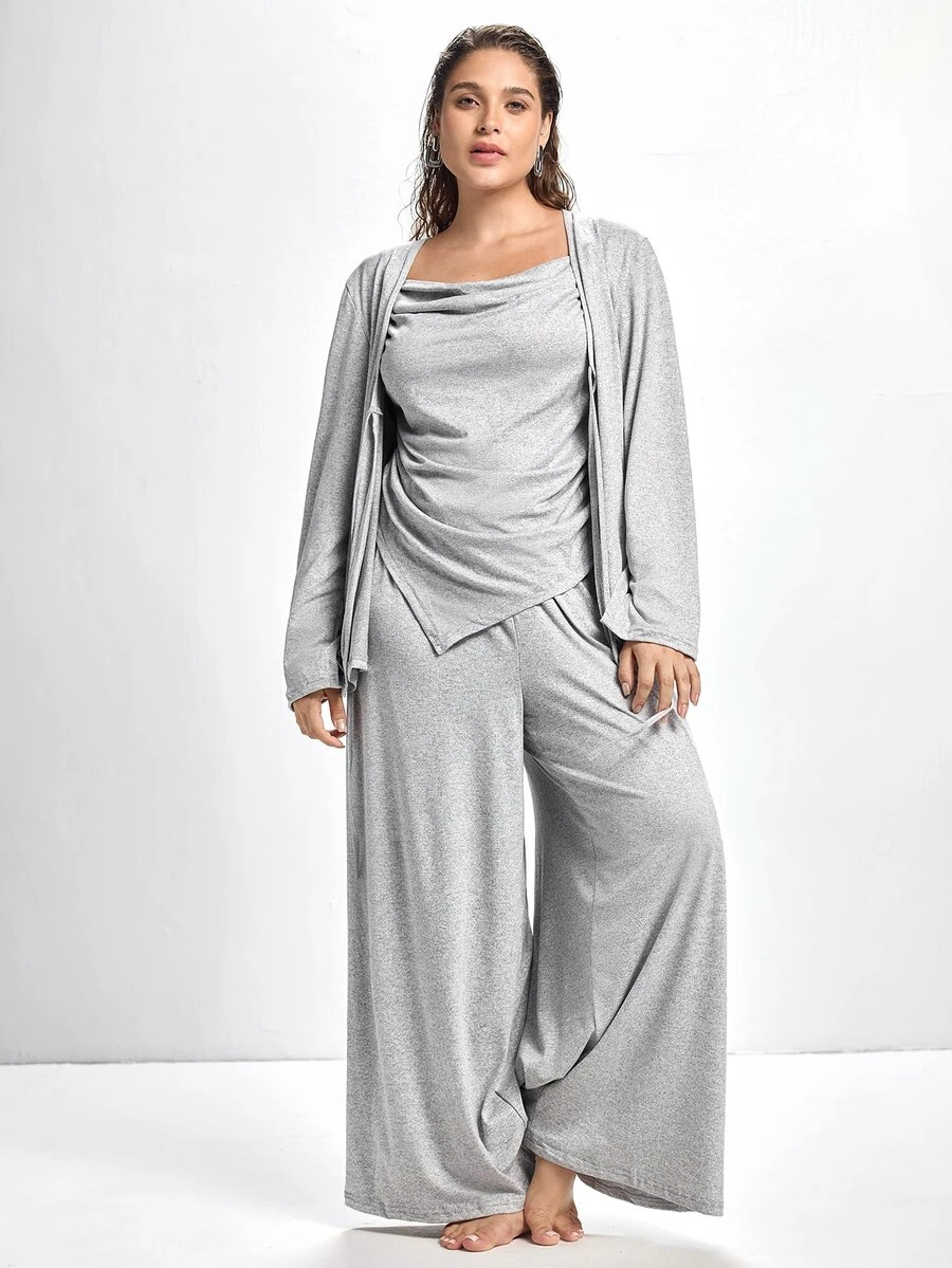 Slumbrini 3pcs Plus Size Soft Camisole Top, Loose Pants & Robe Sleepwear Set Fall Winter Clothes - Grey - View 1