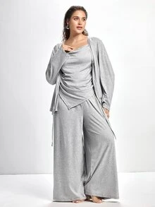 Slumbrini 3pcs Plus Size Soft Camisole Top, Loose Pants & Robe Sleepwear Set Fall Winter Clothes - Grey - View 8