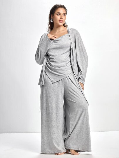 Slumbrini 3pcs Plus Size Soft Camisole Top, Loose Pants & Robe Sleepwear Set Fall Winter Clothes