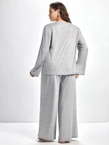 Slumbrini 3pcs Plus Size Soft Camisole Top, Loose Pants & Robe Sleepwear Set Fall Winter Clothes - Grey - View 2