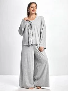 Slumbrini 3pcs Plus Size Soft Camisole Top, Loose Pants & Robe Sleepwear Set Fall Winter Clothes - Grey - View 7