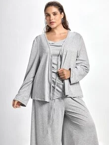Slumbrini 3pcs Plus Size Soft Camisole Top, Loose Pants & Robe Sleepwear Set Fall Winter Clothes - Grey - View 9