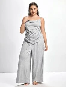 Slumbrini 3pcs Plus Size Soft Camisole Top, Loose Pants & Robe Sleepwear Set Fall Winter Clothes - Grey - View 4