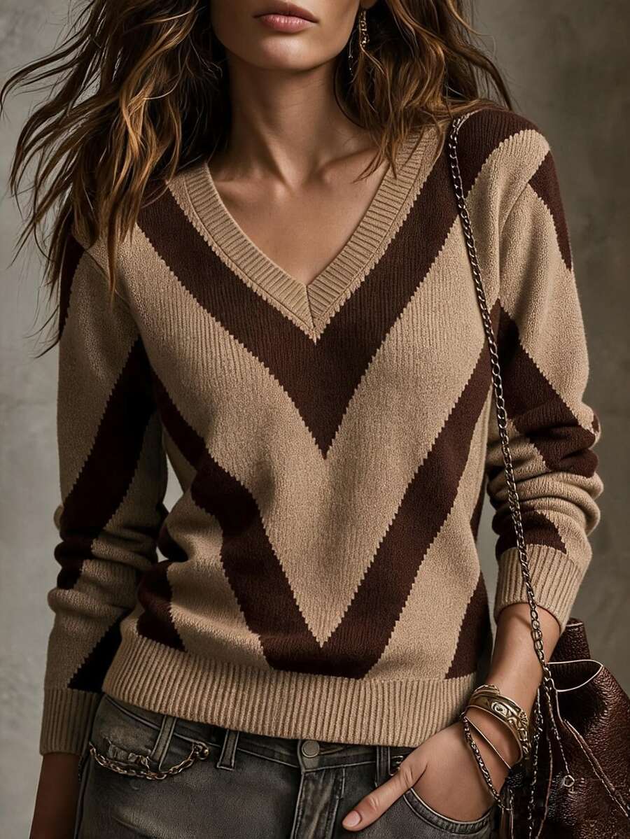 SHEIN كنزة صوفية بياقة على شكل حرف V وأكمام طويلة مخططة بلونين بأسلوب بريبي للخريف - لون البني - مشاهدة 1