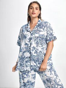 Slumbrini Traditional Chinese Style Portrait & Landscape Print Plus Size Short Sleeve Pajama Set With Collar, Outfits  Cozy And Elegant Details - Multicolor - View 7