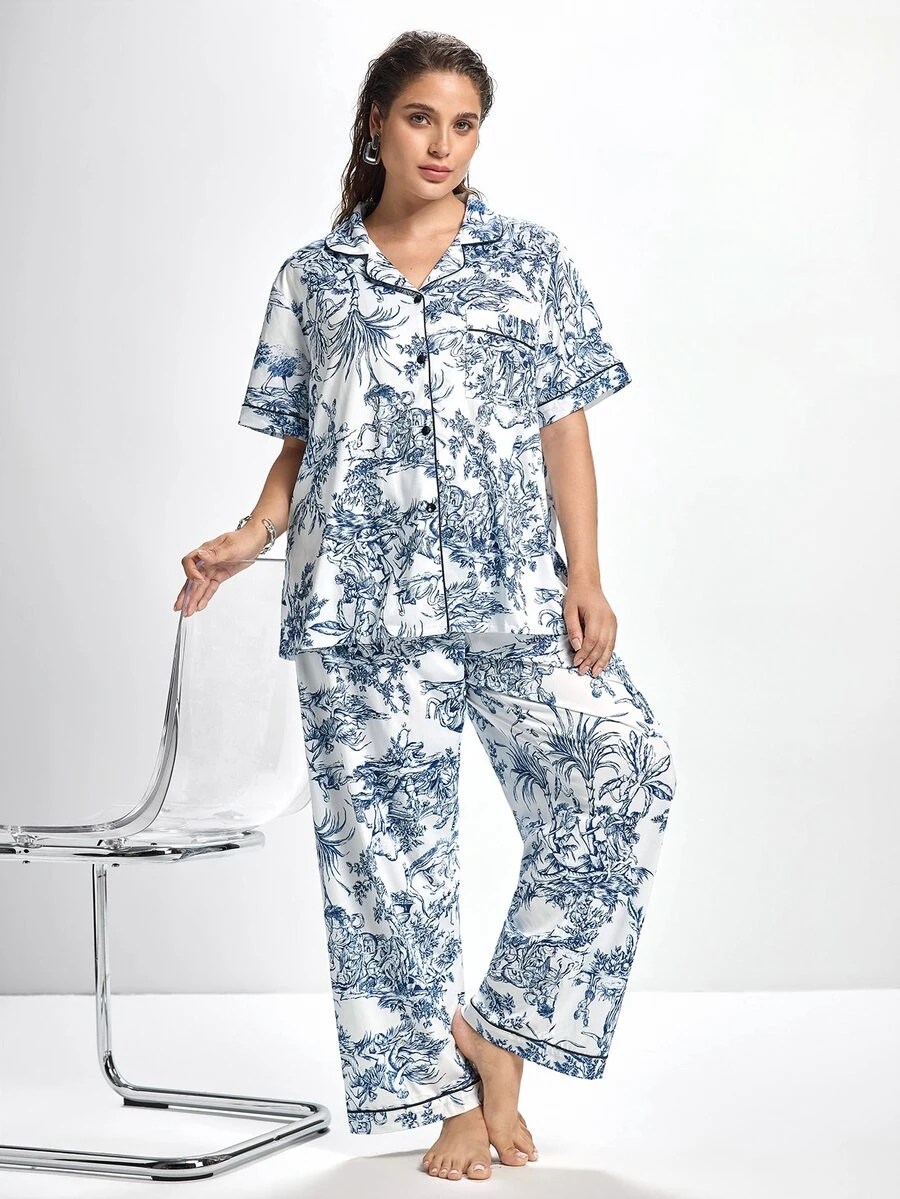 Slumbrini Traditional Chinese Style Portrait & Landscape Print Plus Size Short Sleeve Pajama Set With Collar, Outfits  Cozy And Elegant Details - Multicolor - View 1