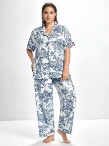 Slumbrini Traditional Chinese Style Portrait & Landscape Print Plus Size Short Sleeve Pajama Set With Collar, Outfits  Cozy And Elegant Details - Multicolor - View 4