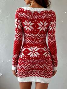 SHEIN Women's Red & White Snowflake Jacquard Crew Neck Long Sleeve Christmas Style Knit Dress - Red and White - View 2