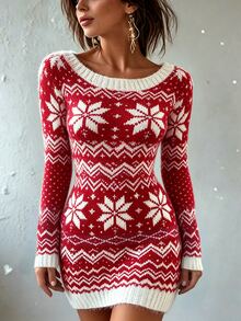 SHEIN Women's Red & White Snowflake Jacquard Crew Neck Long Sleeve Christmas Style Knit Dress - Red and White - View 3