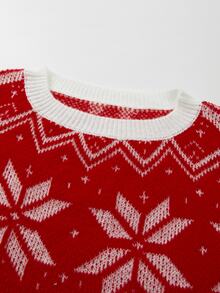 SHEIN Women's Red & White Snowflake Jacquard Crew Neck Long Sleeve Christmas Style Knit Dress - Red and White - View 6