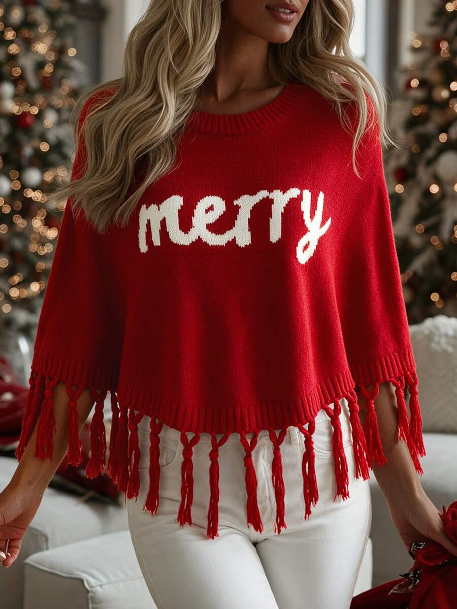 SHEIN 紅色 Merry 字樣流蘇針織披肩,聖誕短款斗篷毛衣 - 紅色 - 查看 1