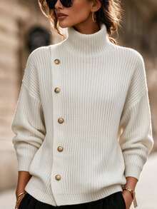 SHEIN Sweater Rajut Leher Tinggi, Sweater Kancing Asimetris, Atasan Rajut Bahu Jatuh, Jumper Rajut Longgar - Putih - View 1