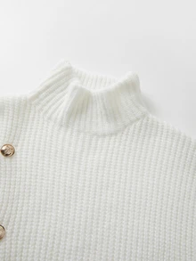 SHEIN Sweater Rajut Leher Tinggi, Sweater Kancing Asimetris, Atasan Rajut Bahu Jatuh, Jumper Rajut Longgar - Putih - View 8
