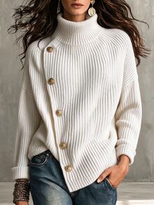 SHEIN Sweater Rajut Leher Tinggi, Sweater Kancing Asimetris, Atasan Rajut Bahu Jatuh, Jumper Rajut Longgar - Putih - View 6