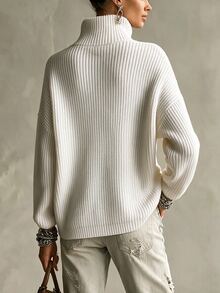 SHEIN Sweater Rajut Leher Tinggi, Sweater Kancing Asimetris, Atasan Rajut Bahu Jatuh, Jumper Rajut Longgar - Putih - View 2