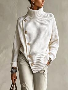 SHEIN Sweater Rajut Leher Tinggi, Sweater Kancing Asimetris, Atasan Rajut Bahu Jatuh, Jumper Rajut Longgar - Putih - View 4