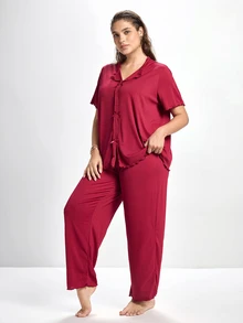 Slumbrini Bộ đồ ngủ tay dài và quần dài dệt kim họa tiết nơ màu trơn, cỡ lớn - Màu Đỏ Sâu - Xem 4