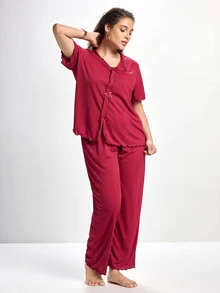 Slumbrini Bộ đồ ngủ tay dài và quần dài dệt kim họa tiết nơ màu trơn, cỡ lớn - Màu Đỏ Sâu - Xem 6