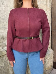 Jeta Ari 女款深紅色仿麂皮收腰荷葉邊夾克，秋季優雅休閒商務晚餐約會辦公工作拉鍊前開外套收腰大衣 - 酒紅色 - 查看 4