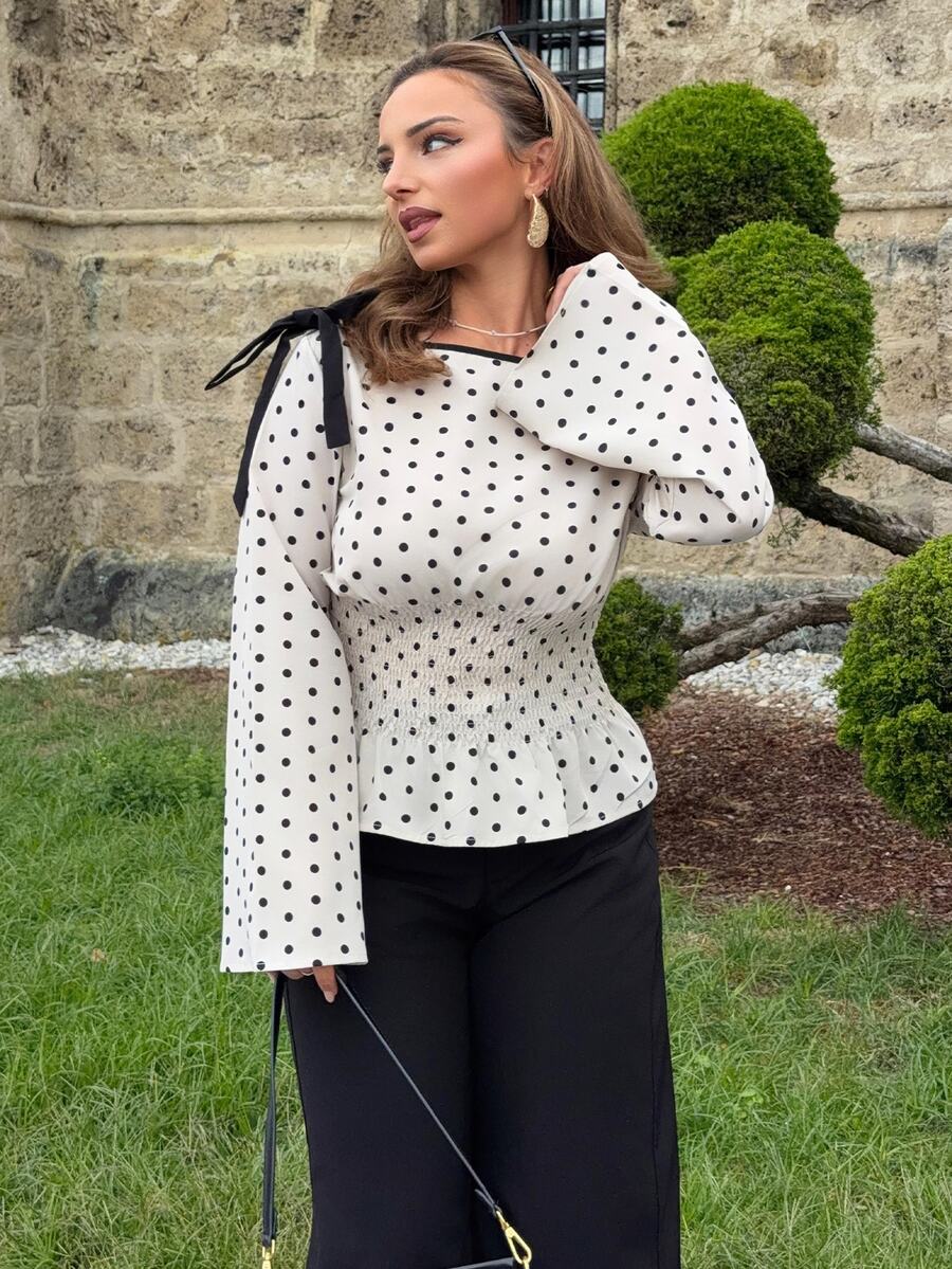 Jeta Ari 女款對比色蝴蝶結裝飾喇叭袖收腰時尚襯衫,夏季、度假、復古、懷舊、鄉村、外出、教師、約會、野餐、可愛、春假 - 杏色 - 查看 1