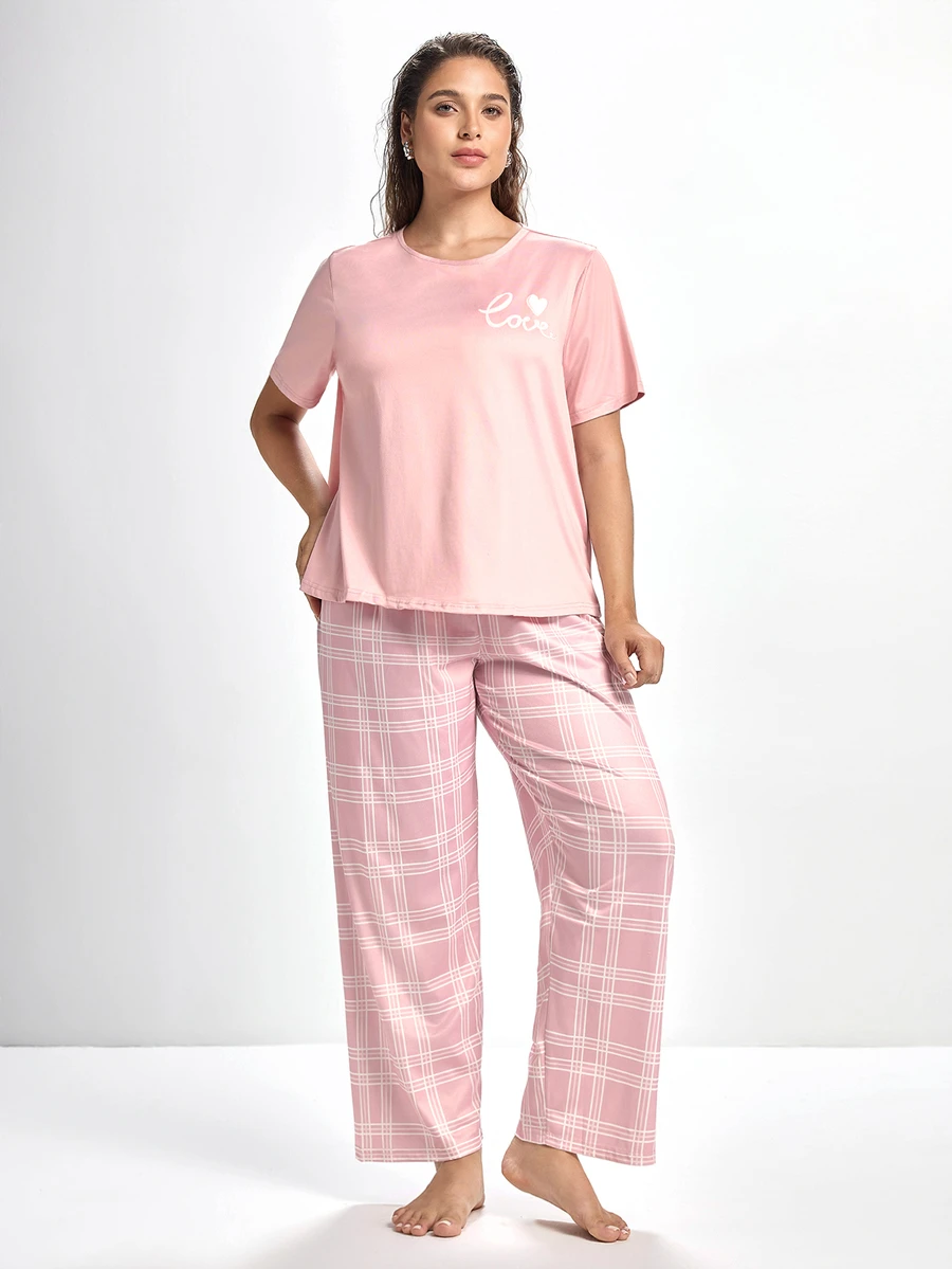 Slumbrini Plus Size Sleepwear Set: Round Collar Letter Print Short Sleeve Top And Plaid Pants, Outfits - Pink - View 1