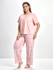 Slumbrini Plus Size Sleepwear Set: Round Collar Letter Print Short Sleeve Top And Plaid Pants, Outfits - Pink - View 4