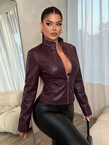 SHEIN SXY 性感修身長袖拉鍊夾克 - 酒紅色 - 查看 7