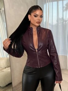 SHEIN SXY 性感修身長袖拉鍊夾克 - 酒紅色 - 查看 6