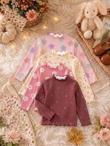 4pcs Girls' Frill Trim Mock Neck Long Sleeve Base Layer, Soft Skin-Friendly Elastic Fabric, Gentle Floral Print, Exquisite Ruffle Rolled Collar, Slim Fit, Versatile Inner Layer, Suitable For Spring, Autumn And Winter - Multicolor - View 2