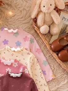 4pcs Girls' Frill Trim Mock Neck Long Sleeve Base Layer, Soft Skin-Friendly Elastic Fabric, Gentle Floral Print, Exquisite Ruffle Rolled Collar, Slim Fit, Versatile Inner Layer, Suitable For Spring, Autumn And Winter - Multicolor - View 4