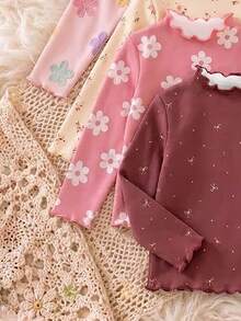 4pcs Girls' Frill Trim Mock Neck Long Sleeve Base Layer, Soft Skin-Friendly Elastic Fabric, Gentle Floral Print, Exquisite Ruffle Rolled Collar, Slim Fit, Versatile Inner Layer, Suitable For Spring, Autumn And Winter - Multicolor - View 3