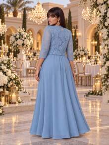 Auveirra Plus Size Women's Lace Rhinestone Decorated Dress And Long Sleeve Cardigan Suit Set - Blue - View 2