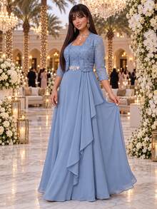 Auveirra Plus Size Women's Lace Rhinestone Decorated Dress And Long Sleeve Cardigan Suit Set - Blue - View 5