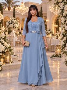Auveirra Ensemble de robe et cardigan à manches longues décoré de dentelle et de strass pour femmes grande taille - Bleu azur - Voir 8