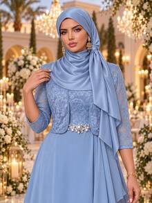 Auveirra Plus Size Women's Lace Rhinestone Decorated Dress And Long Sleeve Cardigan Suit Set - Blue - View 6