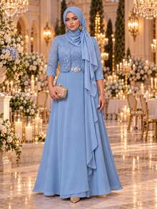Auveirra Plus Size Women's Lace Rhinestone Decorated Dress And Long Sleeve Cardigan Suit Set - Blue - View 8