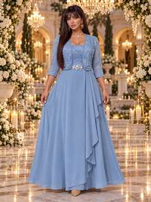 Auveirra Plus Size Women's Lace Rhinestone Decorated Dress And Long Sleeve Cardigan Suit Set - Blue - View 7