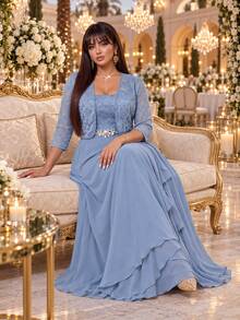 Auveirra Plus Size Women's Lace Rhinestone Decorated Dress And Long Sleeve Cardigan Suit Set - Blue - View 4