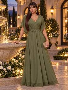 Auveirra Plus Size Olive Green Lace 3D Floral Spring/Summer Shiny Curve Dress For Wedding Christening Guest/Evening/Formal Banquet/Cocktail/Party/Graduation - Army Green - View 7