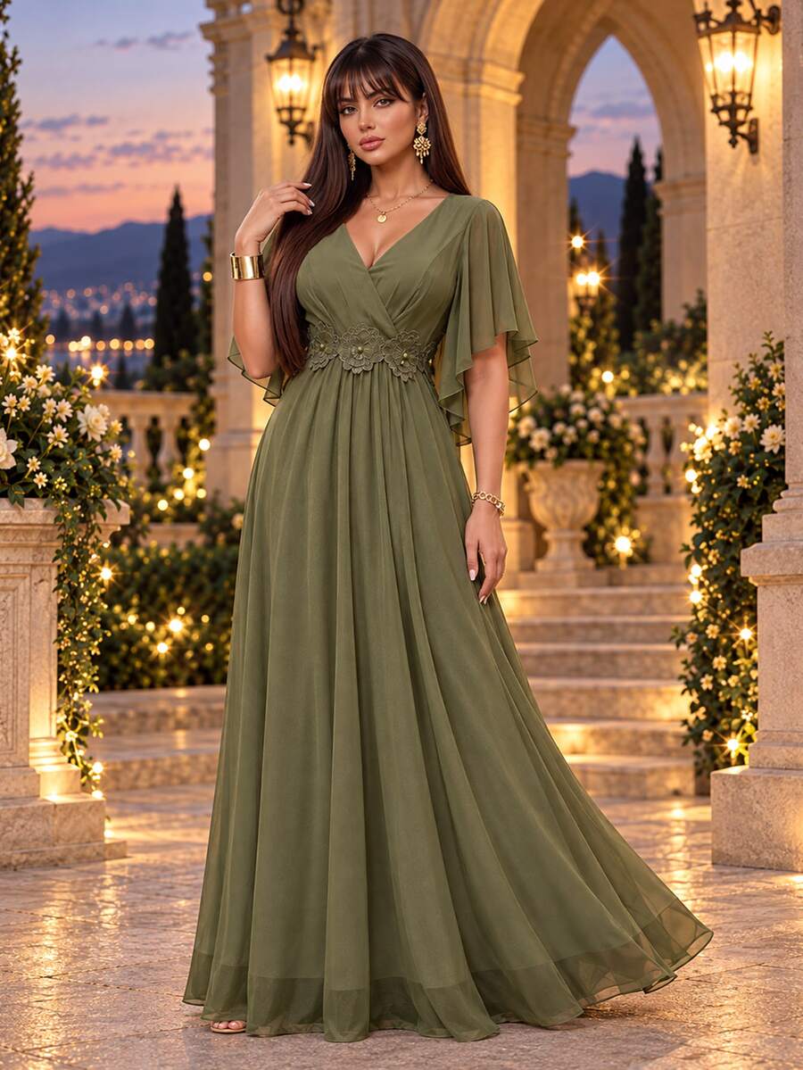 Auveirra Plus Size Olive Green Lace 3D Floral Spring/Summer Shiny Curve Dress For Wedding Christening Guest/Evening/Formal Banquet/Cocktail/Party/Graduation - Army Green - View 1