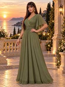 Auveirra Plus Size Olive Green Lace 3D Floral Spring/Summer Shiny Curve Dress For Wedding Christening Guest/Evening/Formal Banquet/Cocktail/Party/Graduation - Army Green - View 5