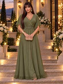Auveirra Plus Size Olive Green Lace 3D Floral Spring/Summer Shiny Curve Dress For Wedding Christening Guest/Evening/Formal Banquet/Cocktail/Party/Graduation - Army Green - View 8