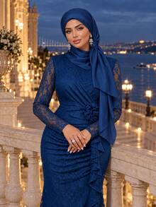 Auveirra Plus Size Women's Overlap V-Neck Long Sleeve 3D Floral Decor Elegant Lace Dress Fall - Teal Blue - View 5