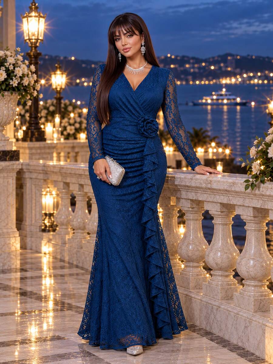 Auveirra Plus Size Women's Overlap V-Neck Long Sleeve 3D Floral Decor Elegant Lace Dress Fall - Teal Blue - View 1