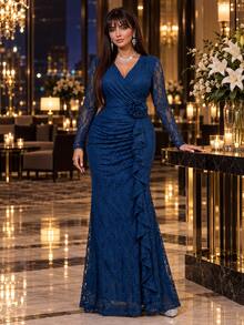Auveirra Plus Size Women's Overlap V-Neck Long Sleeve 3D Floral Decor Elegant Lace Dress Fall - Teal Blue - View 7